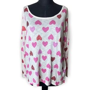 Lane Bryant Cream Pink and Red Heart Print Drop Sleeve Blouse Size 14/16